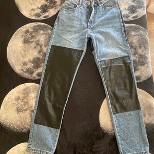 BDG Mom High Rise Blue Jeans with Black Leather Knee Panels